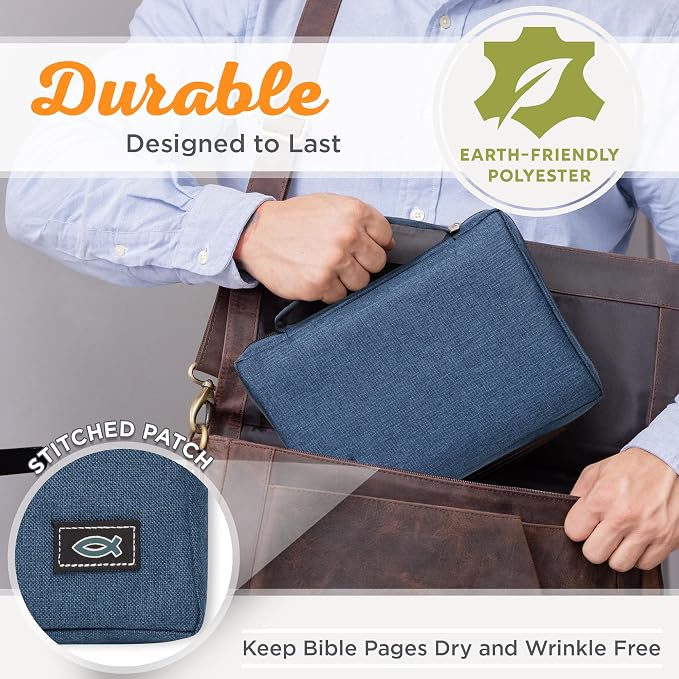 Christian Art Gifts Men/Women's Bible Cover Jesus Fish, Blue Canvas, Small - Image 3