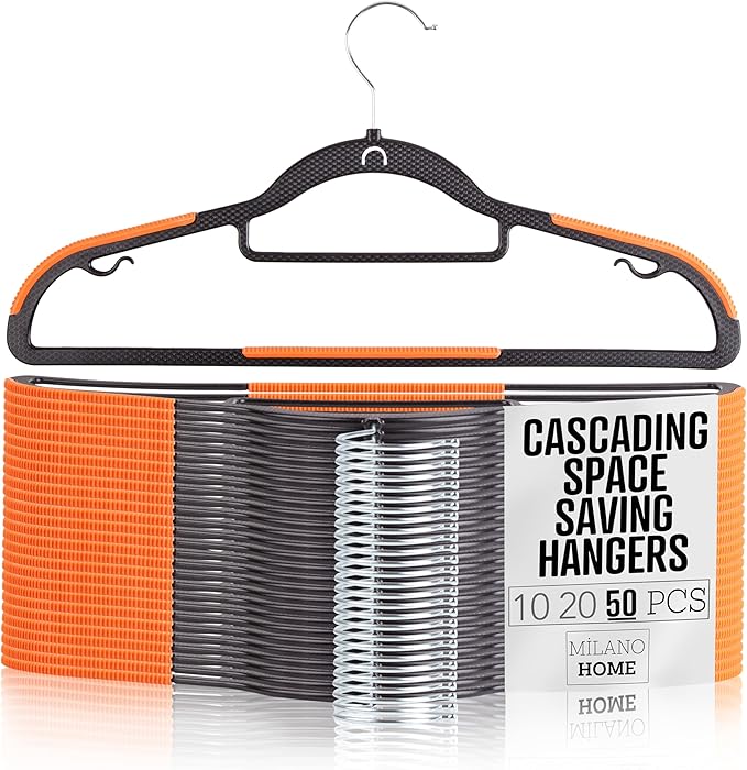 Plastic Hangers 50 Pack, Cascading Slim Space Saving Clothing Hangers with 360° Rotating Hook, Non Slip Clothes Hangers for Sweater Shirt, Heavy Duty Coat Hanger with Inner Hook for Closet, Black by milanohome