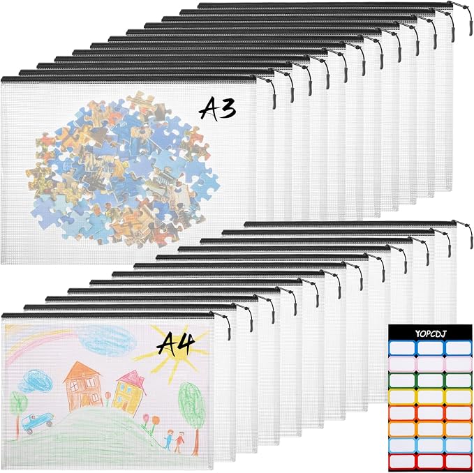 24pcs A4 Mesh Zipper Pouch File Bags, 12pcs Large A3 and 12pcs Letter A4,Black Reusable Zipper Bags for Organizing Storage, Waterproof Puzzle Bag, Board Game Storage and School Office Supplies by YOPCDJ