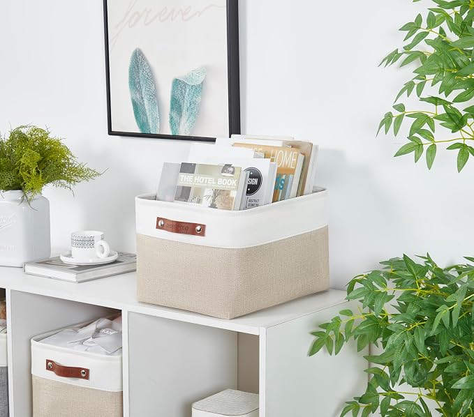 DECOMOMO Storage Bins, Large Fabric Storage Baskets for Shelves 1 Pack | 15 x 11 x 9.5 inches Decorative Linen Closet Organizers (Beige & White) - Image 6