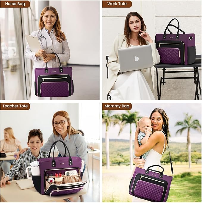 LOVEVOOK Teacher Tote Bag for Women Work, Laptop Bag Work Tote Bag Nurse Bags With Large Cup Holder, Professional Computer Briefcase Business Large Purses Handbag, Diaper Bag Mother Gift, Black-Purple - Image 2