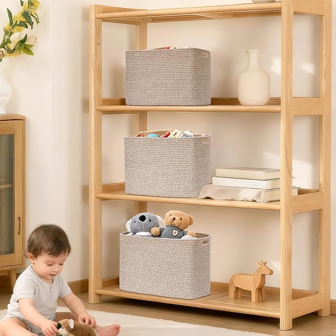 3 Pack Cube Storage Bin, 17”x12”x12” Cotton Rope Woven Baskets for Organizing Toys Clothes Towels, Square Gift Storage Baskets for Shelves, Nursery, Closet, Bathroom, Pantry (Jute) - Image 7