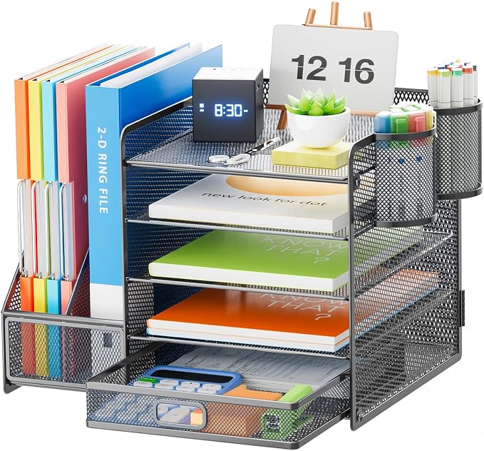 Marbrasse 5-Tier Paper Letter Tray Organizer with Drawer and Pen Holder, Mesh Desktop Organizer and Storage with Magazine Holder for Office Supplies (Grey) by Marbrasse
