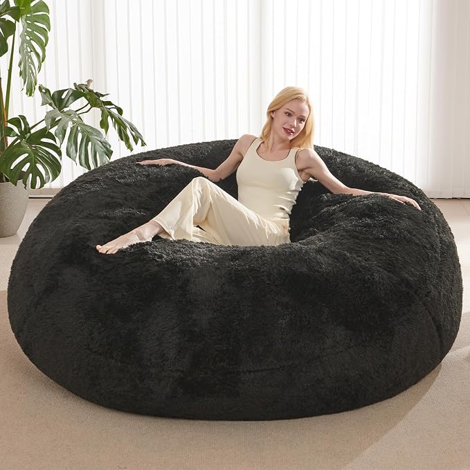 Bean Bag Cover (No Filler), Faux Fur Beanbag Chairs Covers Only, Stuffed Animal Storage Bean Bag, Giant Washable Beanbag Cover Without Filling, 6FT, Black by ODreamyDogs