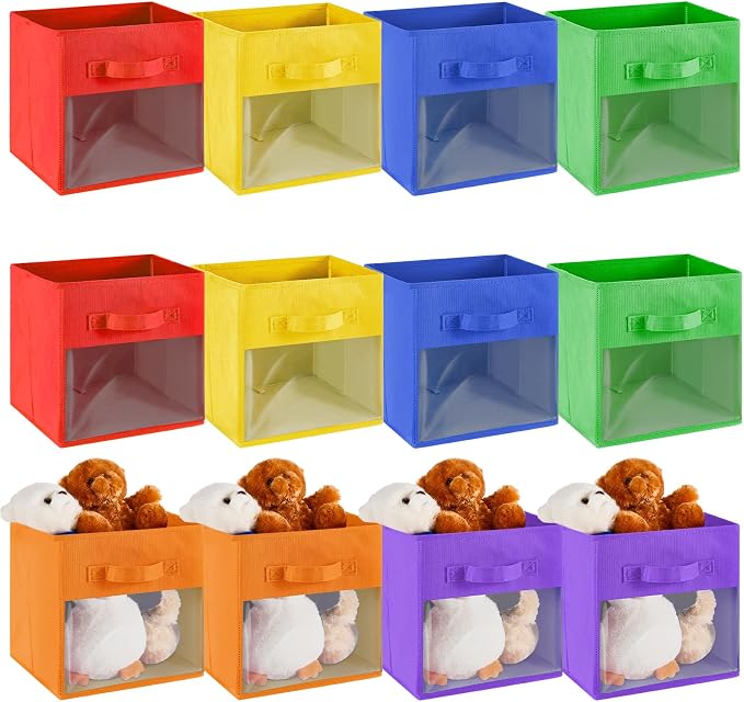 Marsui 12 Pcs Clear Cube Storage Bins Rainbow Colored Collapsible Kids Storage Bins Fabric Classroom Organizer with Window for Kid Playroom Room Daycare Nursery by Marsui