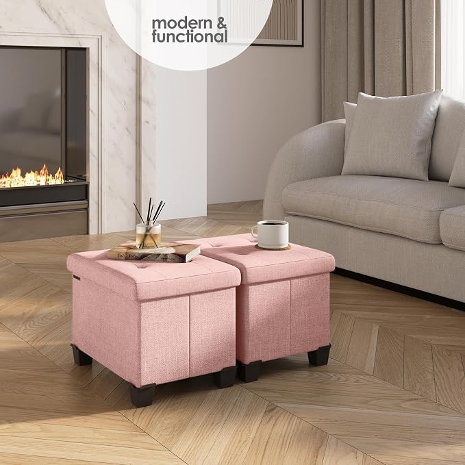 Storage Ottoman Cube with Small Bin, 16-in Square Ottoman with Storage for Living Room and Bedroom, Small Ottomans Foot Rest, Fabric Foot Stools Ottomans Max 330lbs, Pink - Image 2