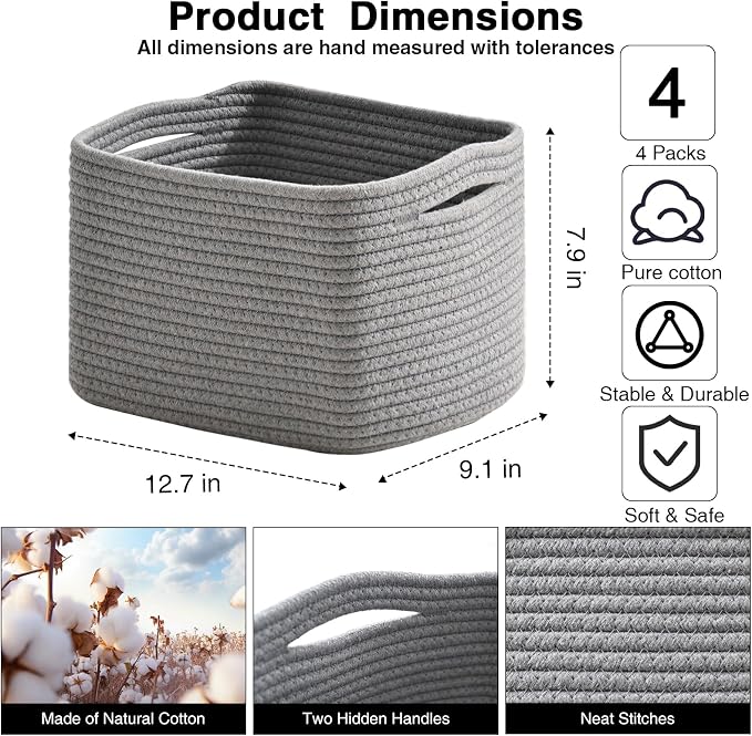 Small Storage Baskets for Organizing, Woven Storage Baskets for Shelves, Cotton Rope Basket for Storage, Cute Rectangular Book Toy Grey Basket, 12.7"×9.1"×7.9", 4 Packs, Grey - Image 2