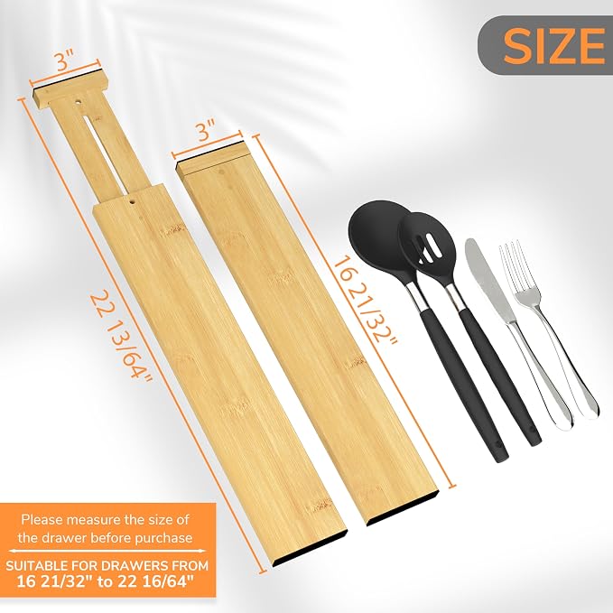 BAMEOS Bamboo Expandable Drawer Dividers – Fits 16.65"–22" Drawers, 3" Deep Walls, Set of 4 | Taller Spring-Loaded Separator Keeps Items Upright in Kitchen & Dresser Drawers - Image 2