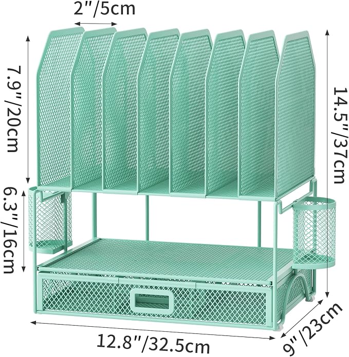 FANXIYQ Metal Desk Organizer with Sliding Drawer, 7-Section File Organizer for Desk, Desktop File Folder & Paper Organizer with 2 Hanging Pen Holders, Office Supplies Organizer, Green - Image 7