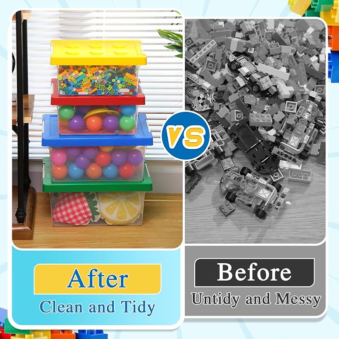 4 Pack Toy Storage Containers with Lids Brick Shaped Kids Toy Organizer Box Plastic Clear Stackable Bin Chest for Building Block Dolls(Large, X-Large,Red, Yellow, Blue, Green) - Image 5