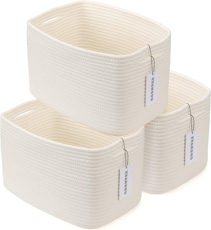 XUANGUO Woven Cotton Rope Storage Baskets 15x10x9.3" 3 Pack White | Decorative rectangular storage baskets for shelves and closets; storage bins organize clothes, toys, books and nursery items. by XUANGUO