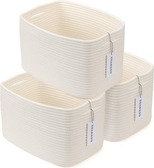 XUANGUO Woven Cotton Rope Storage Baskets 15x10x9.3" 3 Pack White | Decorative rectangular storage baskets for shelves and closets; storage bins organize clothes, toys, books and nursery items. by XUANGUO