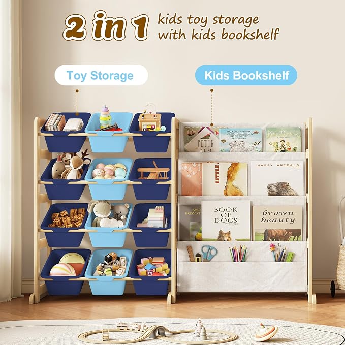 EXPERLAM Toy Storage Organizer with Bookshelf - 12 Storage Bins 4-Tier Multipurpose Shelf to Organize Toys and Books for Kids Room, Playroom, Nursery Room, Blue - Image 7