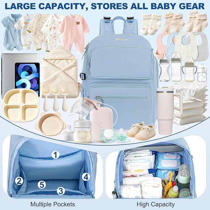 IBVIVIC Diaper Bag Backpack with Portable Changing Pad, Light Blue | Multifunctional Baby Bag for Mom Dad, Large Capacity, Stroller Straps, Insulated Bottle Pockets & Pacifier Case - Image 3