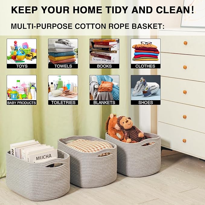 Grey Storage Baskets for Organizing Shelves, Woven Cotton Rope Basket for Storage, Gray Baskets for Toys, Cute Shelf Basket for Living Room Bedroom, 14.8"×11"×9.5", Pack of 3, Grey - Image 4