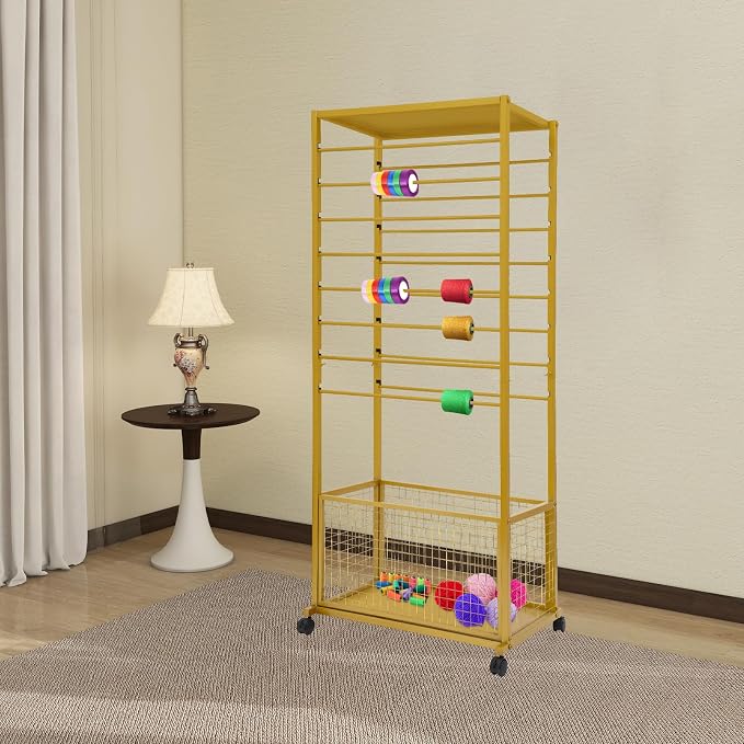 Ribbon Holder Organizer Rack, Double-Sided 16-Layer Ribbon Shelf with Wheel | Ribbon Display Rack, Multifunctional Metal Flower Wrapping Paper Storage Stand for Craft Room Flower Shop, Gold - Image 3