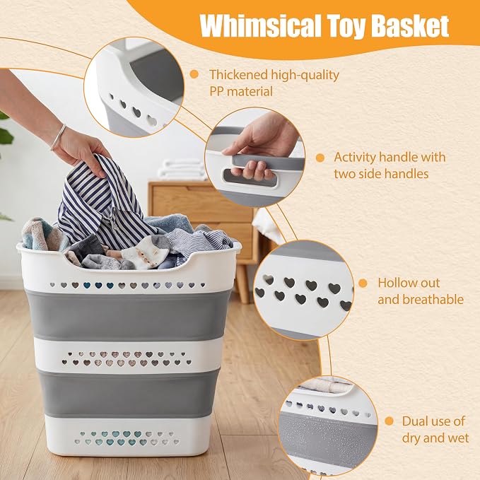 2 Pcs 42L Collapsible Laundry Baskets- Foldable Laundry Basket with Handles, Sturdy Plastic Pop Up Laundry Hamper, Space Saving Storage Container for Wet/Dry Use, Ideal for Home, Dorm, Apartment Grey - Image 4