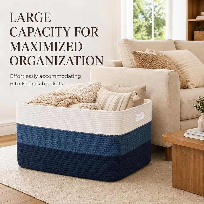 OIAHOMY Blanket Basket Laundry Basket Dog Toy Basket 75L Gradient Blue | Large Storage Basket,Baby Basket,Toy Storage,Woven Rope Basket for Blankets,Blanket Storage for Living Room - Image 3