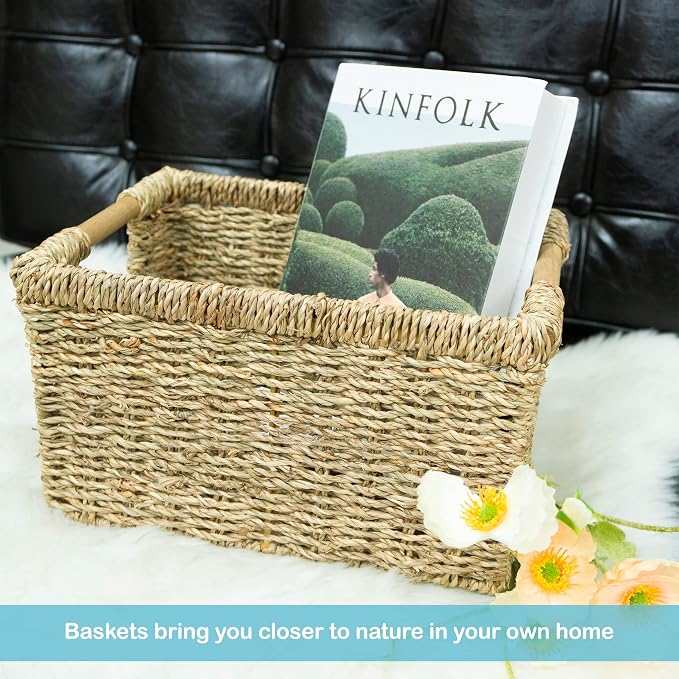Natural Seagrass Basket with Wooden Handle, Medium Rectuangular Wicker Basket for Living Room 12.2 x 8.9 x 6.7 inches - 3 Pack - Image 7