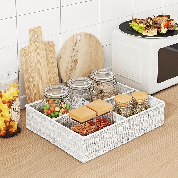 Wicker Divided Storage Basket, White Wicker Baskets, Basket for Shelves Drawer Organizing, 3 Section Rectangular Woven Storage Baskets, 2-Pack - Image 3