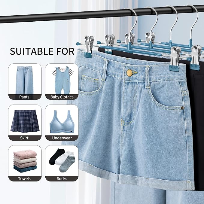 12 Inch Heavy Duty Pants Skirt Hangers with Clips, Blue, 20 Pack | Metal,Space Saving,Adjustable,Hanger for Jeans Shorts Clothes Slacks Trousers,For Adult,Men,Women,Children,Non Slip - Image 5