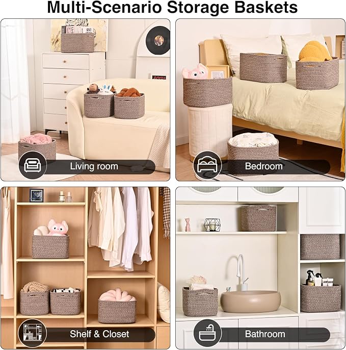 ICERZCZ Storage Baskets for Shelves Organizing, Woven Cotton Rope Baskets for Storage, Book Basket, Decorative Shelf Basket, 12.5"Lx9.1''Wx7.9''H (4 Packs) Dark Brown - Image 5
