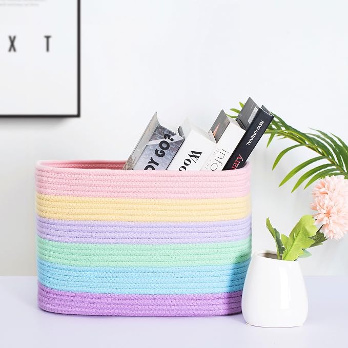 3-Pack Storage Baskets and Cube Bins for Shelves, Playroom and Classroom, Decorative Woven Closet Organizers for Books, Shoes, and Pantry Items, Pastel Rainbow - Image 2