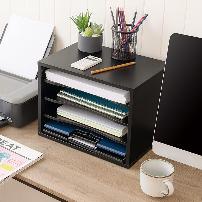 FITUEYES Wood Desk Paper Organizer for Home Office, Black | 4 Tiers Storage, Adjustable Shelves, Desktop File Holder, Document Letter Sorter Tray, Wooden Mail Rack - Image 3