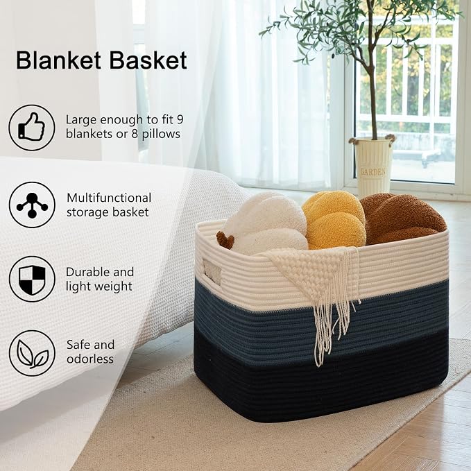 OIAHOMY 118L Extra Large Blanket Basket, Rectangle Woven Cotton Rope Storage Basket,Used for storing Dirty Clothes, Stuffed Animal Toy Storage for Living Room,Kids Room,25" x 17" x 16", Gradient Blue - Image 5
