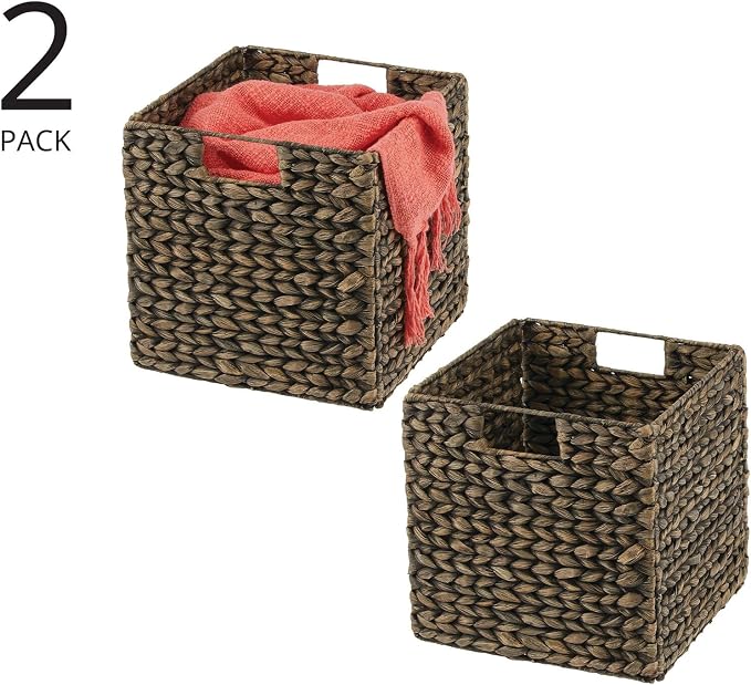 mDesign Natural Woven Hyacinth Cube Organizer Basket with Handles, Storage for Bathroom, Laundry Room Shelf or Nursery - Perfect for Cubby Storage Units - Hold Blankets and Books - 2 Pack, Black Wash - Image 2