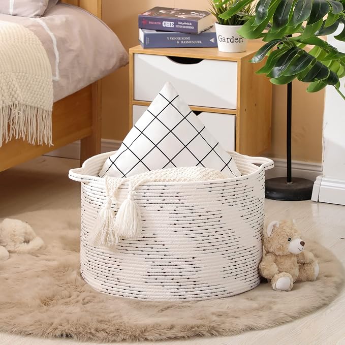 KAKAMAY Large Cotton Rope Blanket Basket (20"x13"),Woven Baby Laundry Hamper，Blanket Basket for Nursery, Laundry, Living Room, Pillows, Toys with Handles （White） - Image 8