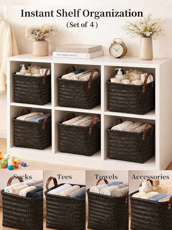 Wicker Storage Baskets, 4 Pack Woven Baskets for Shelves, Dark Gold | PP Rattan, Water-resistant Wicker Basket, Large Baskets with Faux Leather Handles for Blanket, Laundry Organizer, Room Decor - Image 3