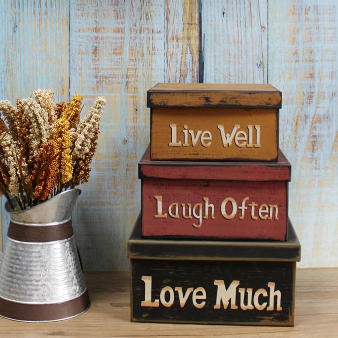 Primitive Vintage Square “Live Well, Laugh Often, Love Much” Cardboard Nesting Boxes, Large 9 X 9 X 4-1/2 Inch. Set of 3. - Image 4