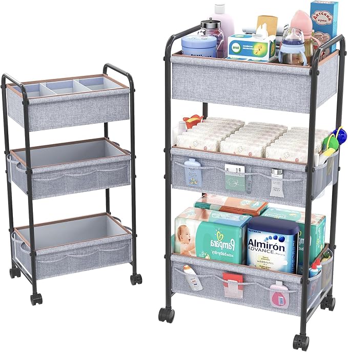 3-Tier Baby Diaper Caddy Cart Organizer with 2 Dividers & 14 Mesh Pockets - Black Mobile Nursery Storage Cart with Wheels, Durable Metal Utility Cart for Nursery, Bedroom, Baby Essentials Organization - Image 8
