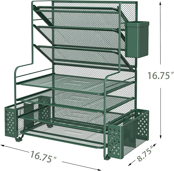 Simple Trending 7 Tier Desk File Organizer, Letter Tray Paper Organizer with Pen Holder and Metal Hanging Basket, Green - Image 3