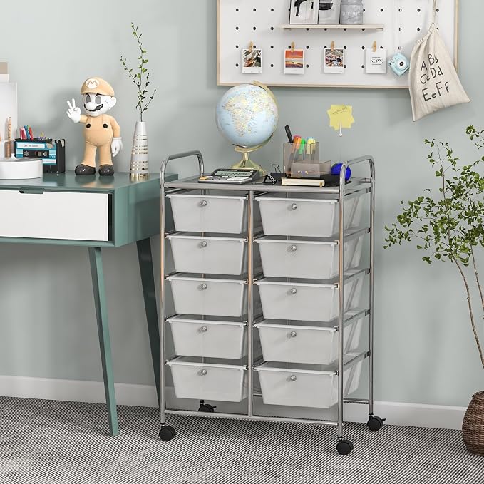 Moccha 10-Drawer Rolling Storage Cart - Under Desk Storage Drawers with wheels for Craft Art Supply Paper Salon, Scrapbook Paper Tools, Mobile Utility Cart for Classroom, Clear - Image 2