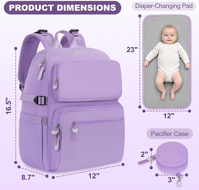 IBVIVIC Diaper Bag Backpack with Portable Changing Pad, Lavender Purple | Multifunctional Baby Bag for Mom Dad, Large Capacity, Stroller Straps, Insulated Bottle Pockets & Pacifier Case - Image 4