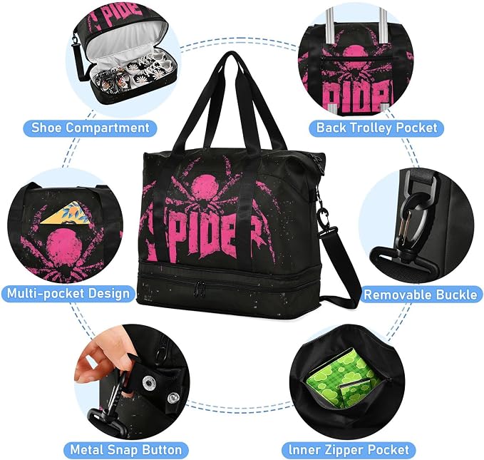 Travel Duffel Tote Bag Spider Sports Duffel Bag with Wet Pocket Weekender Overnight Bag for Women Men Gym Bag, Carry On Bag Hospital Bag for Labor and Delivery - Image 2