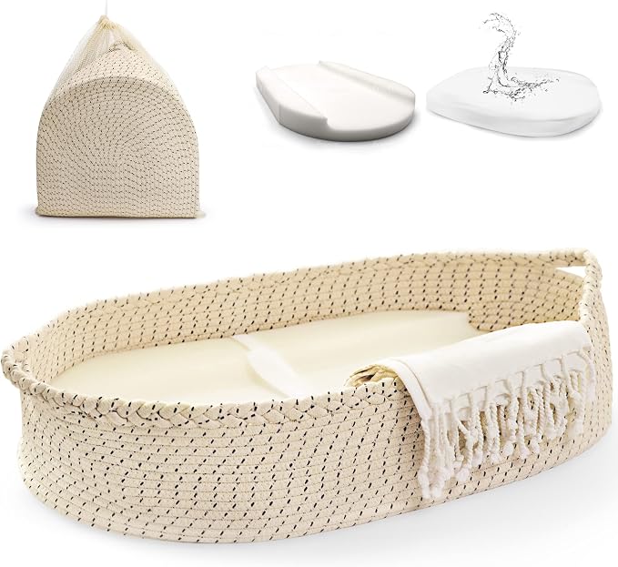 Baby Changing Basket - Soft & Waterproof Dual-Cover, Portable, Moses Basket, Changing Pad for Dresser & Changing Table, Gift for Baby Shower, Organic Cotton Rope by JJOOBabyCo