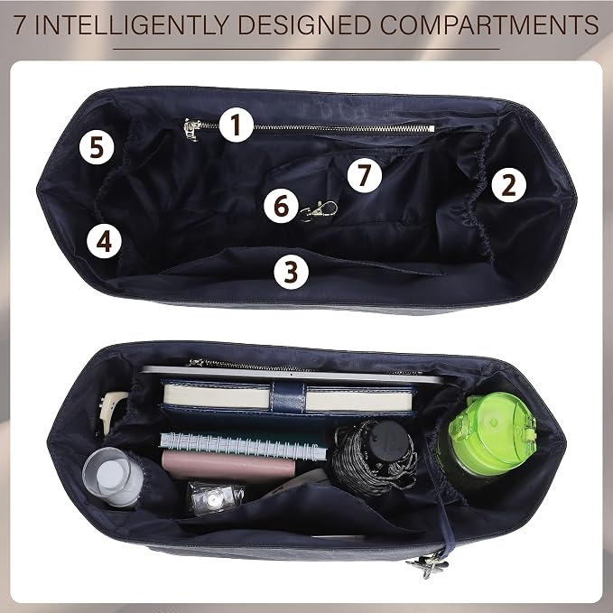Purse Organizer Insert for Longchamp Le Pliage Medium, Black Blue | 6-Compartment Bag Organizer with YKK Zipper Pocket, Cup Holder, Key Chain, Waterproof DupontPaper Lightweight Handbag Shaper - Image 4