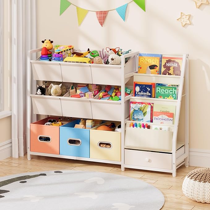 Toy Storage Organizer - Kids Bookshelf with 3 Shelf and 10 Storage Bins | Montessori Playroom Storage for Toddler, Baby, book shelf for kids rooms by HAVLOTII