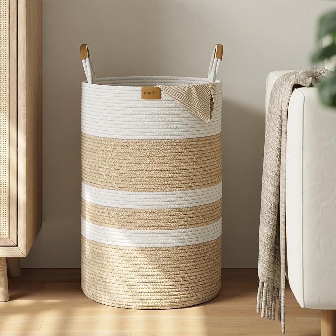 Nunsino 75L Striped Laundry Hamper with Leather Handles,Large Foldable Laundry Basket for Clothes,Cotton Rope Storage Bin for Blankets,Woven Clothes Basket for Bedroom,Beige Stripes by Nunsino