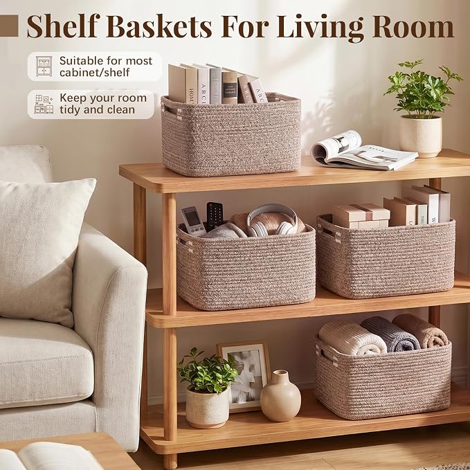 OIASKET 4Packs Natural Cotton Rope Storage Baskets for Organizing Toys, Clothes, Towels & Books, Soft Versatile Organizers for Shelves, Home Decorative Bins, 13''Lx9''Wx7.8''H, Linen Brown - Image 6