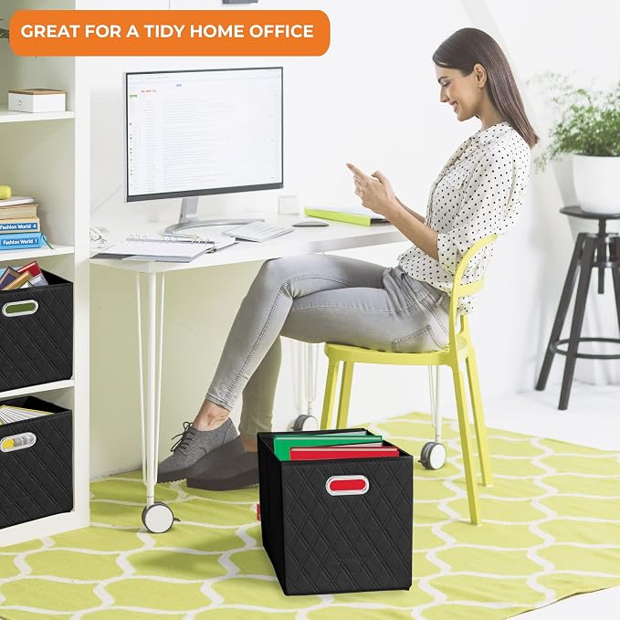 Small 11-inch Black Foldable Diamond Patterned Faux Leather Storage Cube Bins Set of Four with Handles with Dual Handles for living room, bedroom and office storage - Image 5