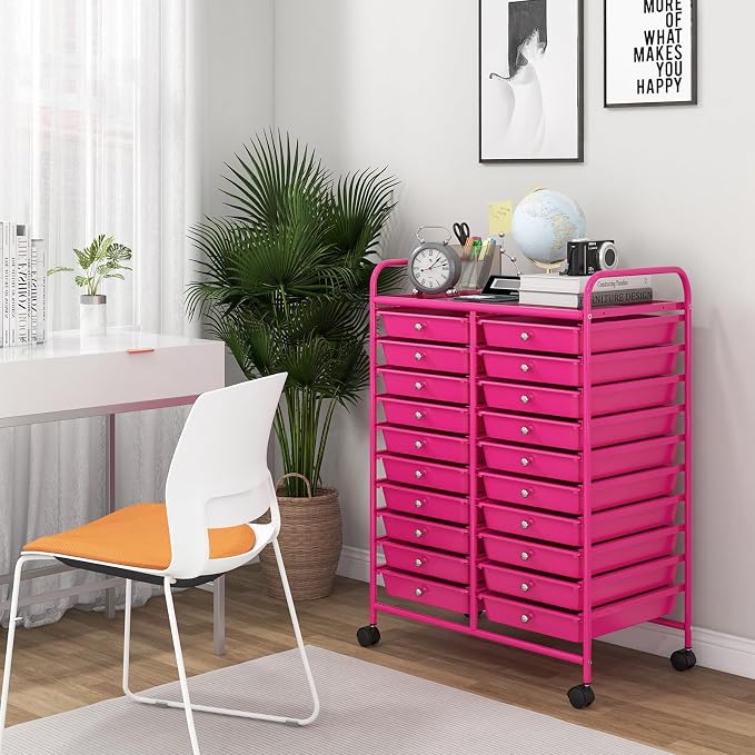 Giantex 20 Drawers Rolling Cart, Mobile Storage Drawer Cart, Classroom Organizer for Office School Supplies Teacher Tools Scrapbook Paper Craft Small Printer, Utility Stand on Wheels, Hot Pink - Image 4