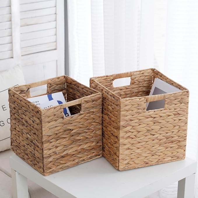 Wicker Storage Cubes, Foldable Storage Bins, 12x12x12 Inch, 2-Pack | 2-pack 12x12x12" foldable water hyacinth wicker cubes; collapsible storage bins for shelves, closets and home organization. - Image 6