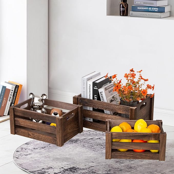 Set of 3 Nesting Wooden Crates, Small Rustic Farmhouse Wood Storage Boxes with Handles, Stackable Compact Organizer Bins for Kitchen Bathroom Bedroom Decor, 3 Sizes (Retro Brown) - Image 5