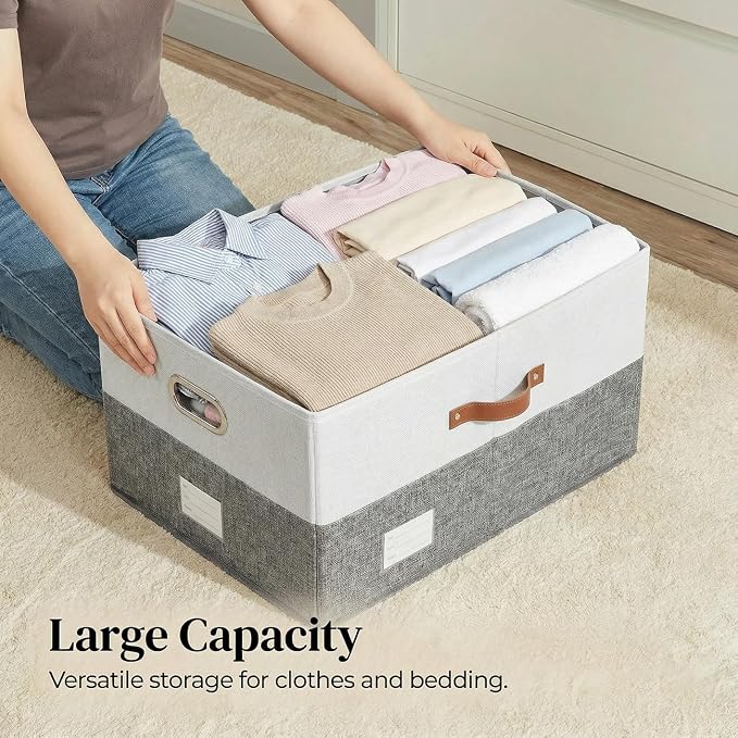 Storage Bins with Lids [3-Pack] Linen Fabric Foldable Storage Boxes Organizer Containers Baskets Cube with Cover for Bedroom Closet Office Grey&White (23.4X15.9X11.4) - Image 2