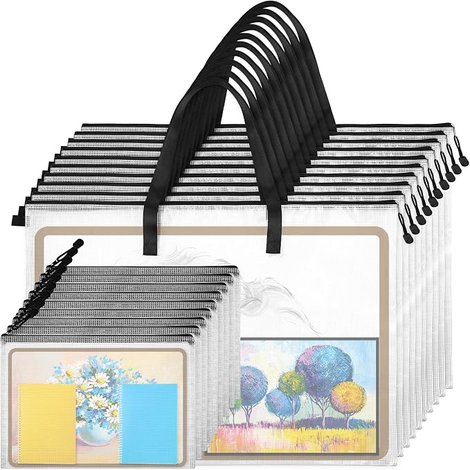 20 Pcs Art Portfolio Bag, 19'' x 25'' Clear Portfolio Folder for Artwork with Zipper and Handle A4 Pencil Bag 9'' x 13'' Plastic Mesh Zipper Pouch for Large Posters Artwork Bulletin Boards Painting by Saintrygo