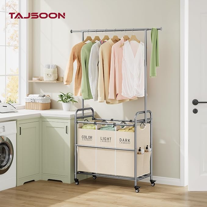Laundry Hamper with Hanging Rack, Laundry Sorter 3 Section, Beige | 39 Gal Rolling Laundry Cart with Heavy Duty Lockable Wheels and Removable Bags for Laundry Room, Bedroom & Family - Image 2